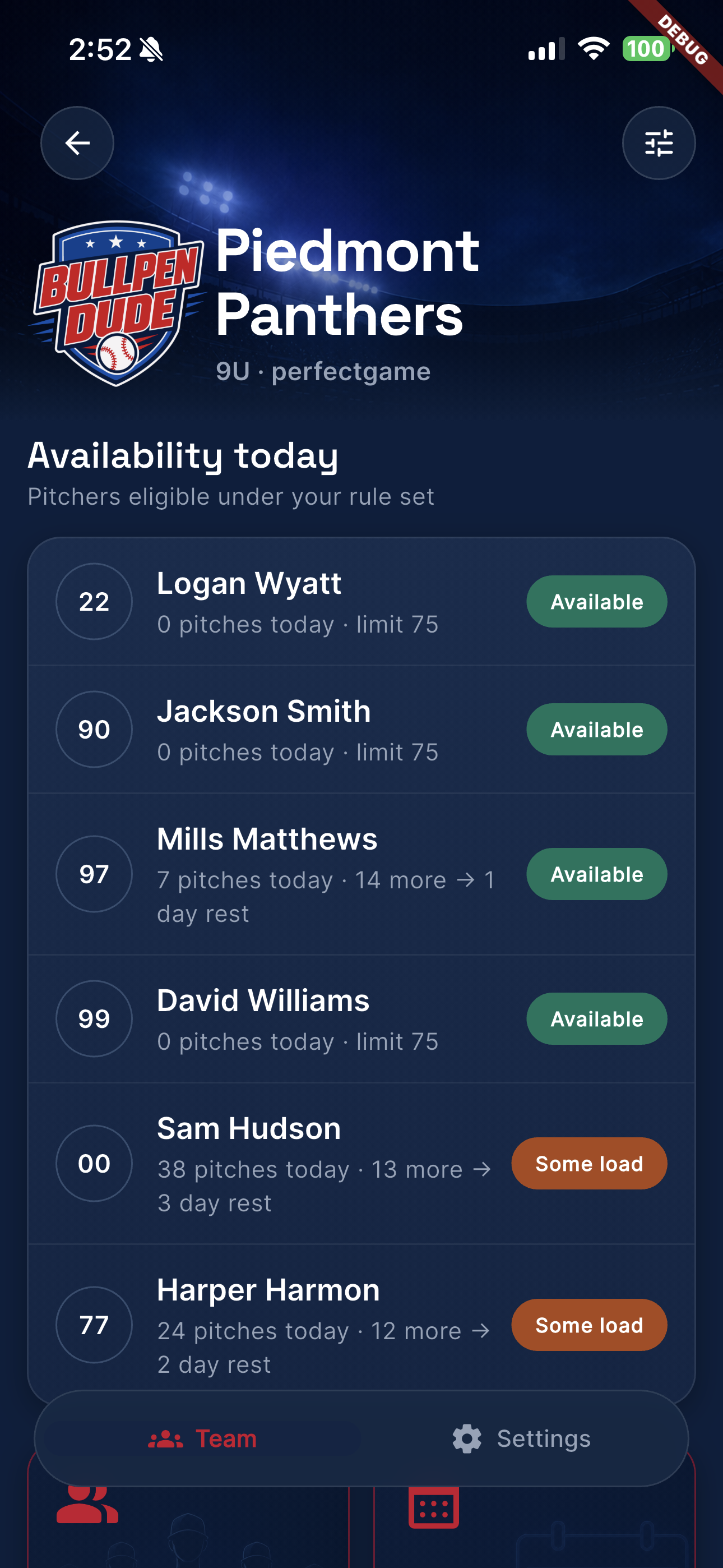 Pitcher availability today